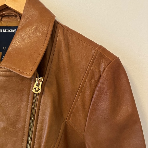 True Religion 100% Leather Moto Jacket in Cognac | Size Medium - Picture 4 of 13